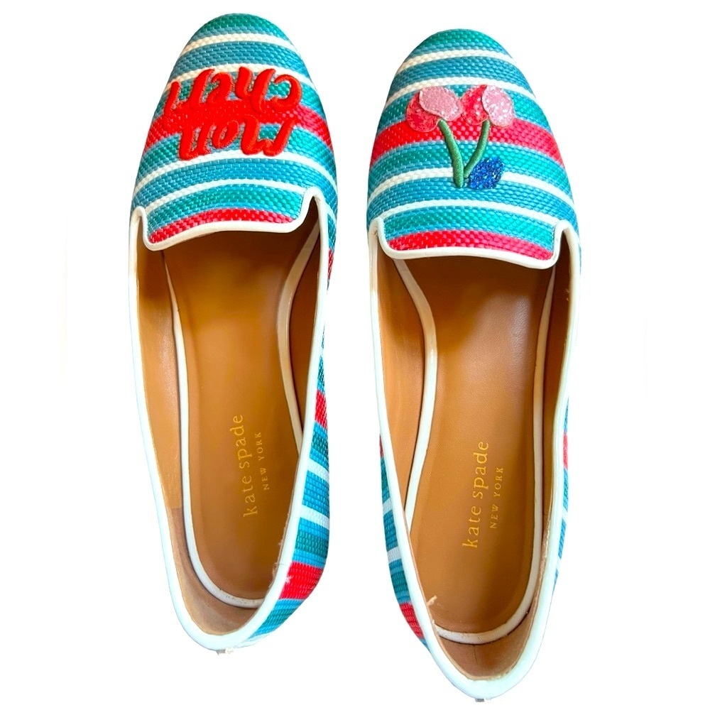 kate spade loafers flats women’s 9B ‘mon cheri’ raffia cherries striped . - Picture 6 of 14